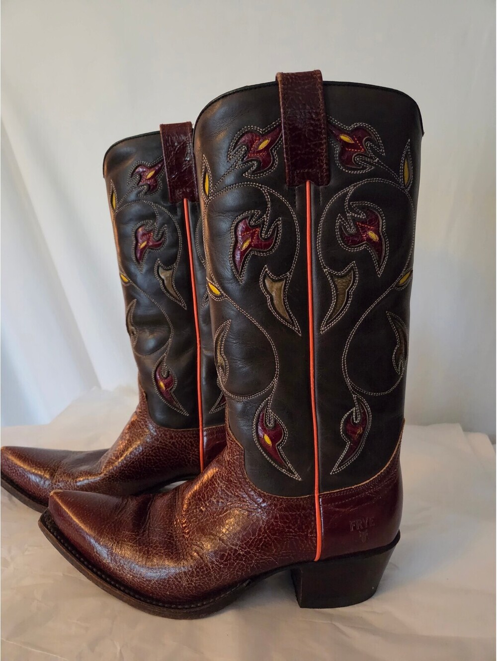 Vintage Frye June Flame Tall Cowboy Boots 77470 Womens 7M Leather Made Spain